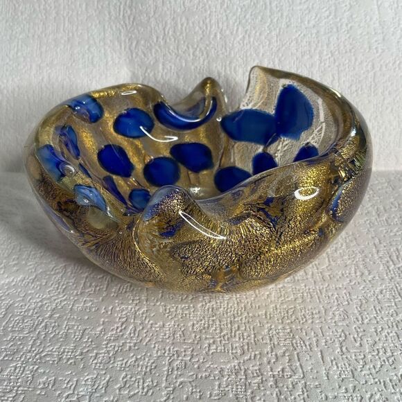 Vintage 1950s Vibrant Cobalt Blue and Gold Murano Ashtray Bowl by Barovier and T - Picture 3 of 11